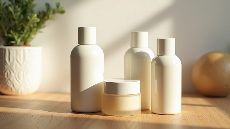 Close-up view of skincare products arranged on a wooden surface with natural light