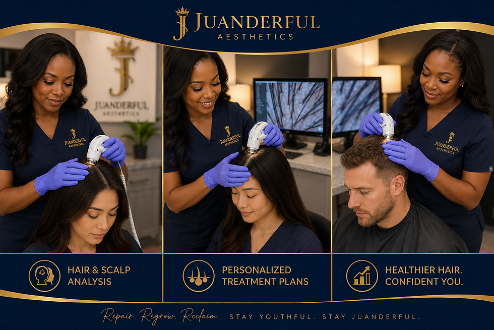 Juanderful Aesthetics promo collage of scalp analysis on two women and a man, with blue scrubs, monitors, and gold text.