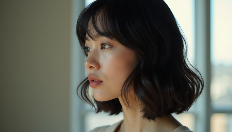 Close-up side view of a woman with a square face shape and layered hairstyle
