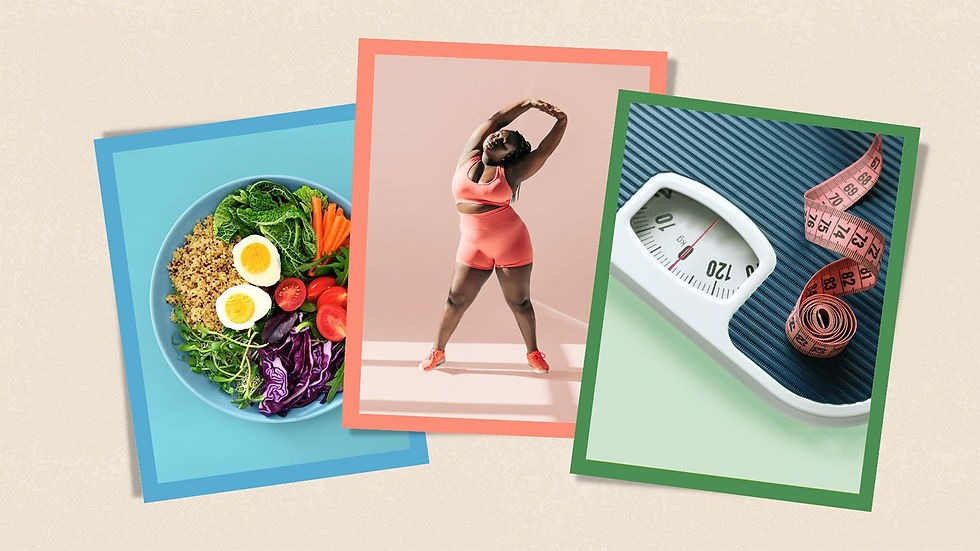 Colorful collage: A woman in pink workout gear stretches, a healthy salad with vibrant veggies, and a scale with a measuring tape.