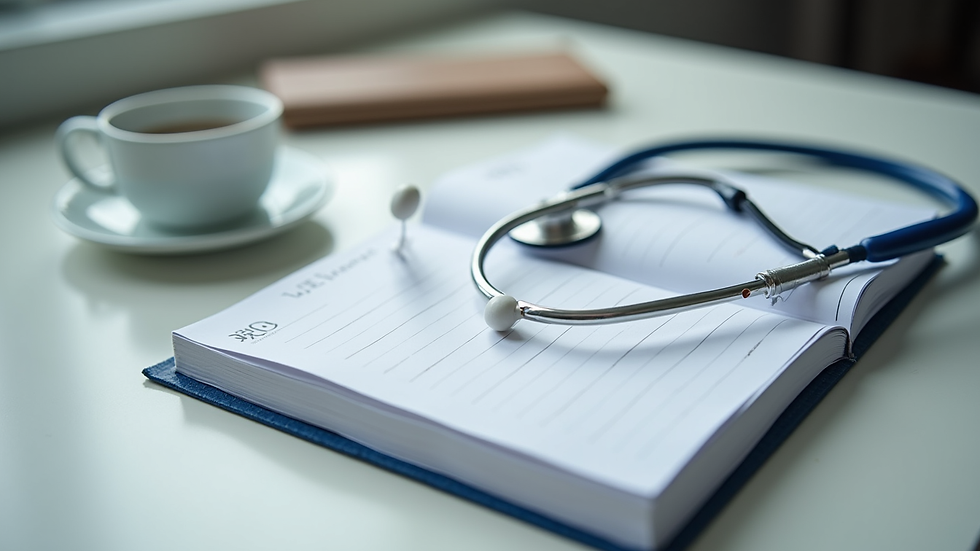 Close-up view of a wellness journal and medical tools on a desk