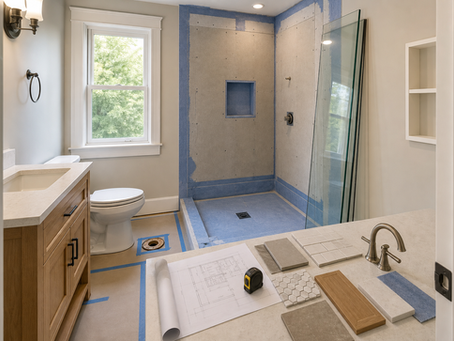 Bathroom remodeling project with updated shower, vanity, and lighting by WOW Construction