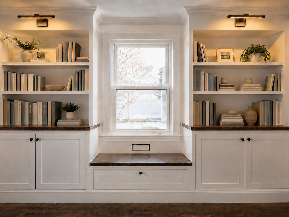 Completed custom built-in reading nook with bookshelves, window seat, concealed storage, and integrated lighting in Quincy, Massachusetts