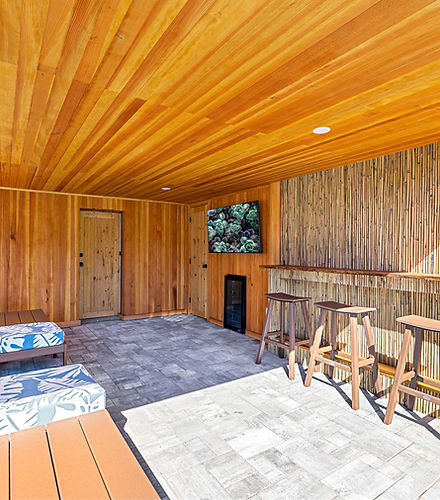 Under-deck lounge with wood ceiling, seating and bar ledge in Braintree, MA