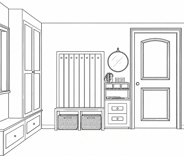 Canton mudroom renovation drawing with custom cabinets, bench, hooks, baskets, drawers, and entry storage