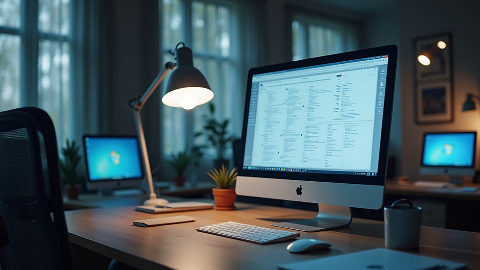 Eye-level view of office desk with computer and digital documents on screen