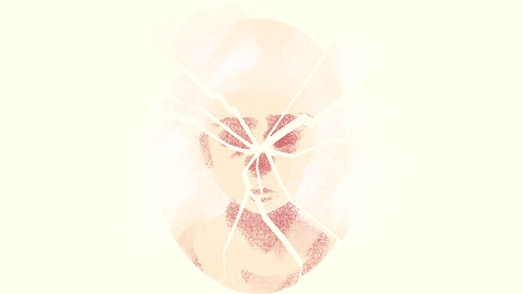 A massage therapist in Las Vegas, specializing in in-room massage services, gazes thoughtfully through the fragmented reflection of a broken mirror.