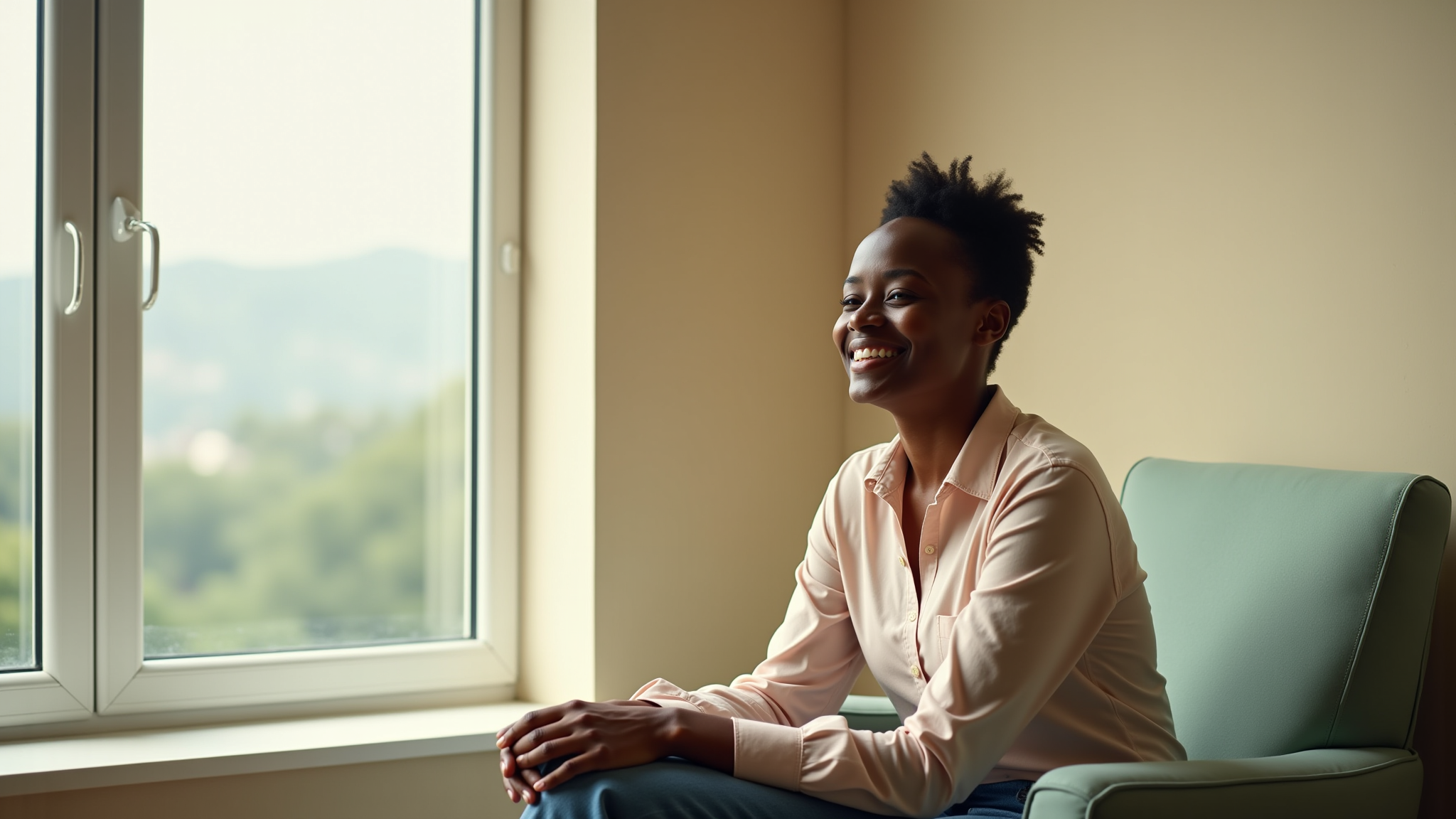 a woman is sitting a chair by a window smiling as if she is speaking with another person
