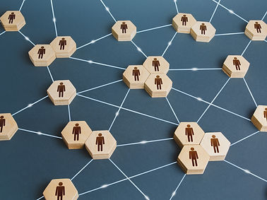 Network of interconnected people. Interactions between employees and working groups. Socia