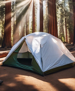 make a cool tent in the sequoia forest with a centered tent at a camp site with a white sm