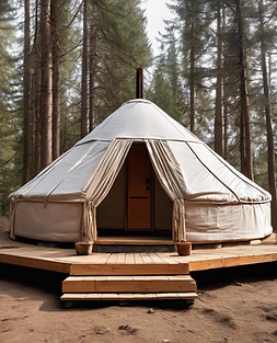 Make a bare bones basic small yurt on a square deck centered surrounded by dirt in a fores