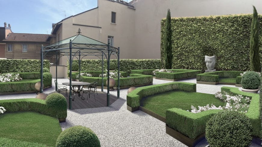 A suspended space of wood, glass, and reflections, sheltering a secret Italian rooftop garden.