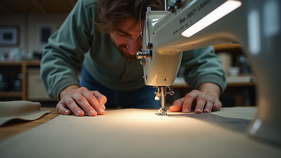Eye-level view of a craftsman sewing upholstery fabric in a workshop
