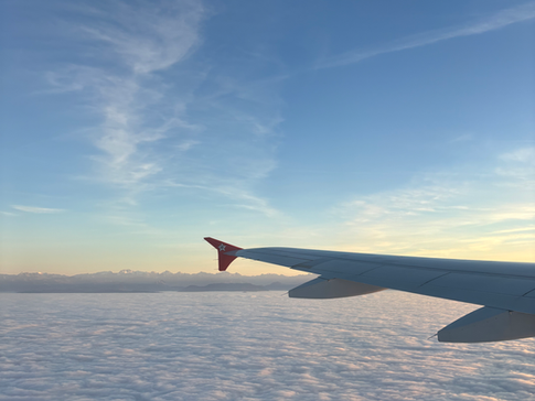 An airplane wing from inside of the plane looking out over the sunset.