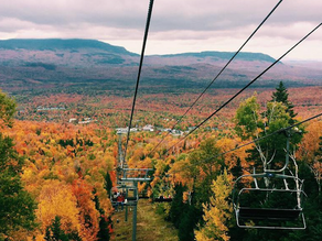 Colorful, autumn trees from the point of view of a chairlift looking out over the mountains.
