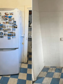 removal of white fridge from a corner of kitchen