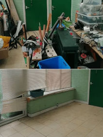 two images showing a cluttered room and an empty room