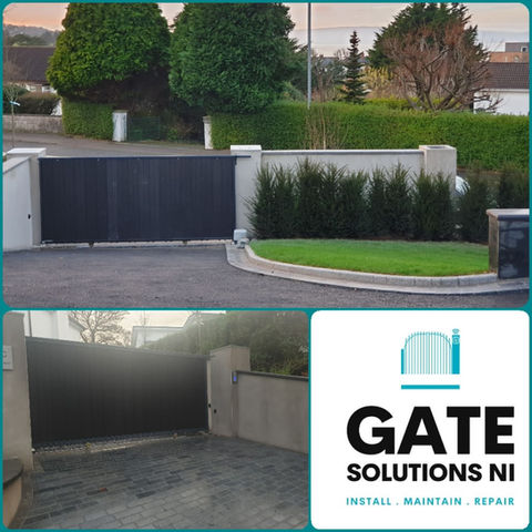 Three-panel image showing a dark gate at different angles and the logo of Gate Solutions NI