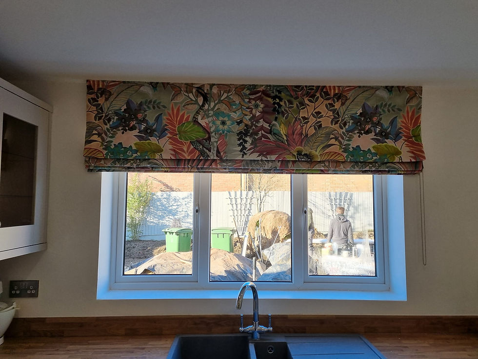 printed roman blinds on kitchen window