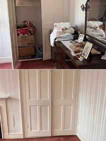 Before and after images of a bedroom corner cleaning showcasing a closet and a mirror