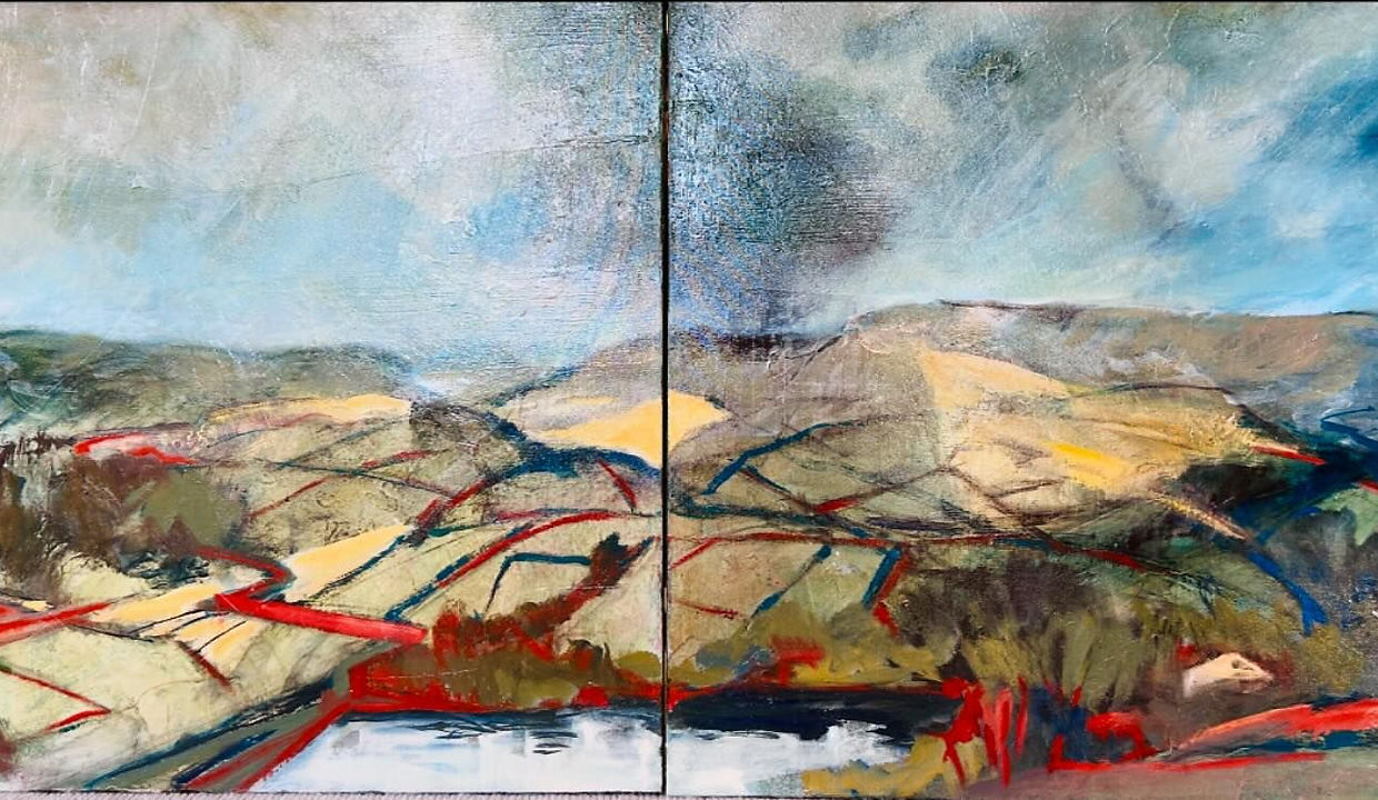 Abstract landscape painting with vivid streaks of red and blue