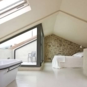 Modern loft bathroom with skylight.