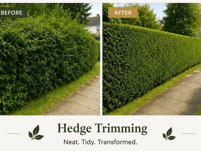 before and after image of hedge trimming