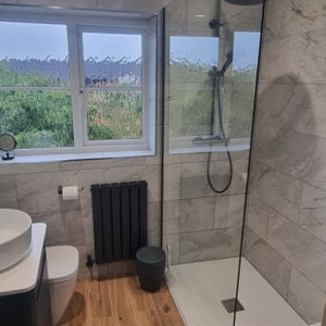 bathroom interior with shower area and window