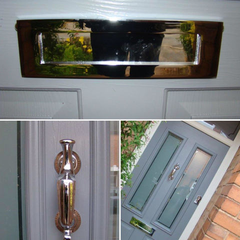 A collage of door handles and mail slot in a door