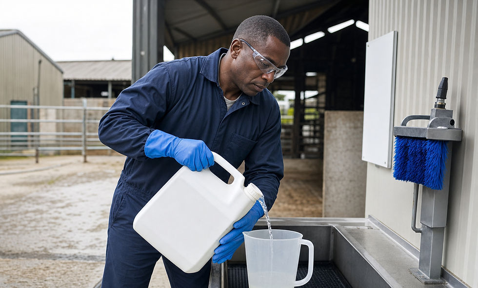 This image shows a person wearing safety glasses and blue gloves while carefully pouring a liquid