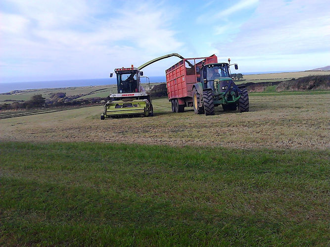 A tractor and a combine harvester operate together in a vast agricultural field during the harvest season