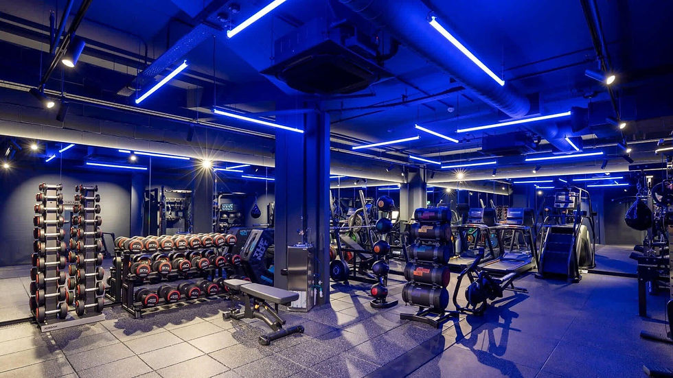 A gym interior featuring blue lighting and various fitness equipment arranged throughout the space
