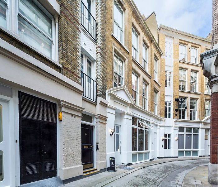 Narrow cobblestone alley flanked by historic brick buildings with large windows and decorative moldings.