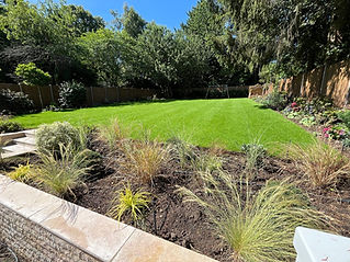 A lush green lawn bordered by vibrant flower beds and tall trees under a clear blue sky_