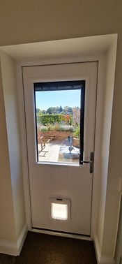 View through a white door into a sunny patio garden with raised flower beds