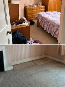 collage of images showing before and after of bedroom cleaning