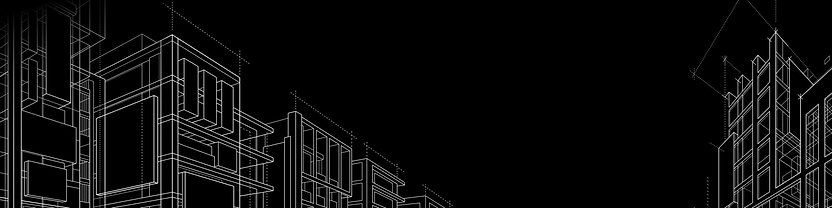 Abstract architectural wireframe design of buildings against a black background.