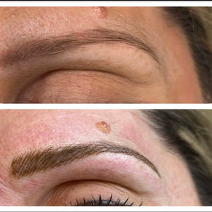 Comparison of a woman's eyebrows before and after eyebrow tinting and lifting treatment
