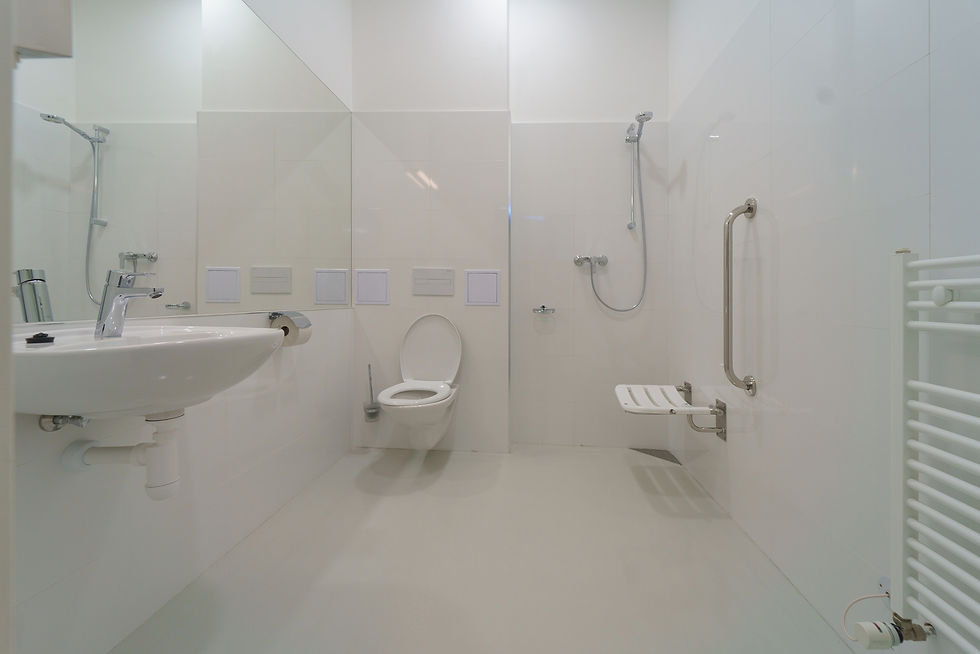 Accessible bathroom with white walls and fixtures