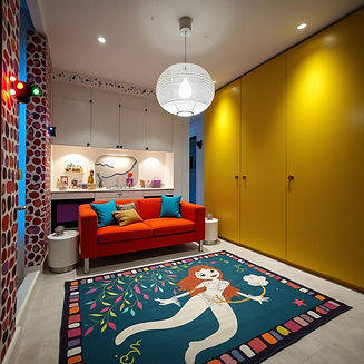 Colorful room featuring a red sofa with bright pillows