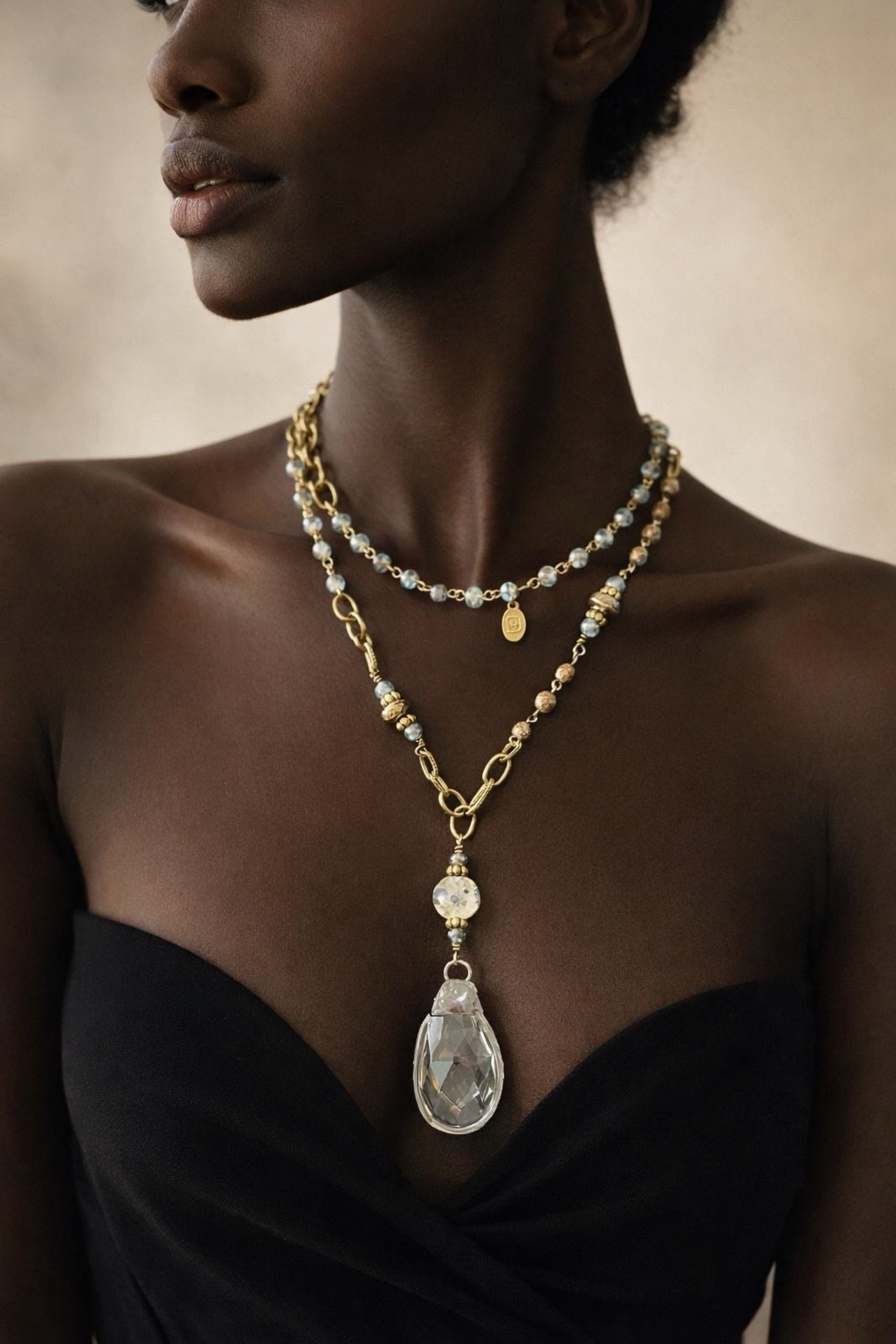Bold Layered Necklace with Teardrop Pendant
