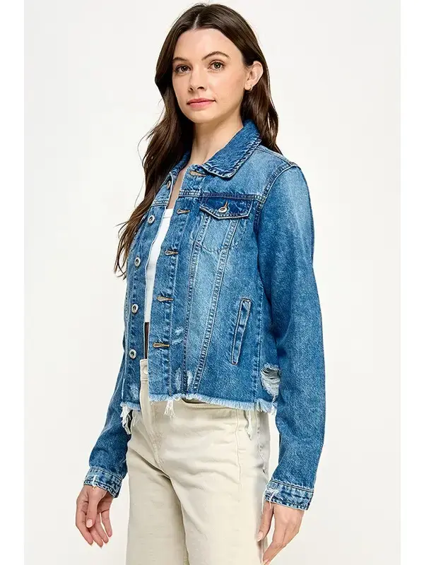 Thumbnail: Plus Ladies Denim Jacket with Distressed