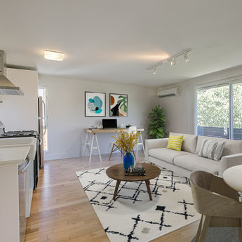 Staged open (kitchen + living room) 