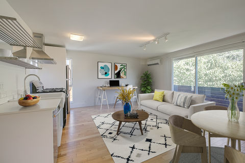 Staged open (kitchen + living room) 