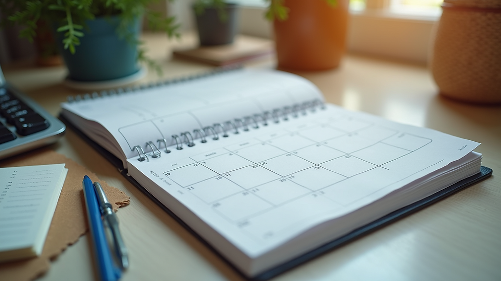 High angle view of a calendar planner with social media content notes