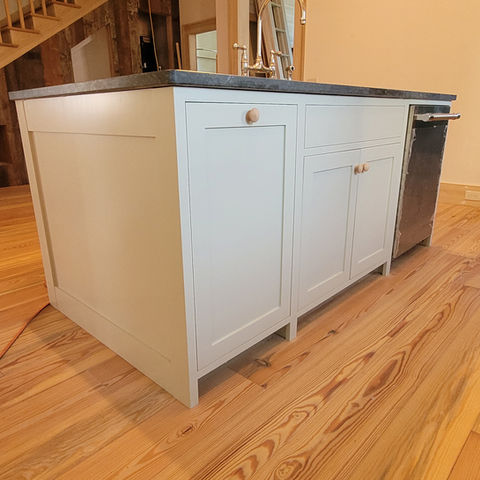 shaker kitchen island with dishwasher, sink, and trash pull, by gresham woodworks