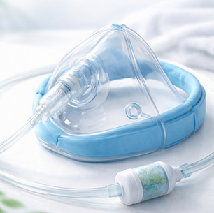 Clear oxygen mask with blue padding and attached tubing.