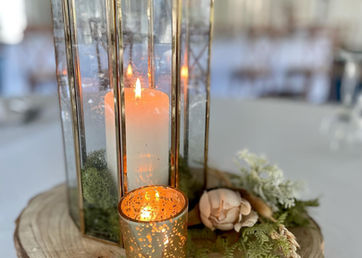 Large pillar candle in glass lantern on sliced tree trunk .jpg