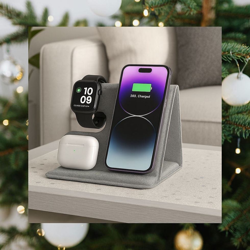 Smartwatch, phone, and earbuds charging on a stand atop a table. Background features a sofa and Christmas tree with lights. Phone shows 93% charged.