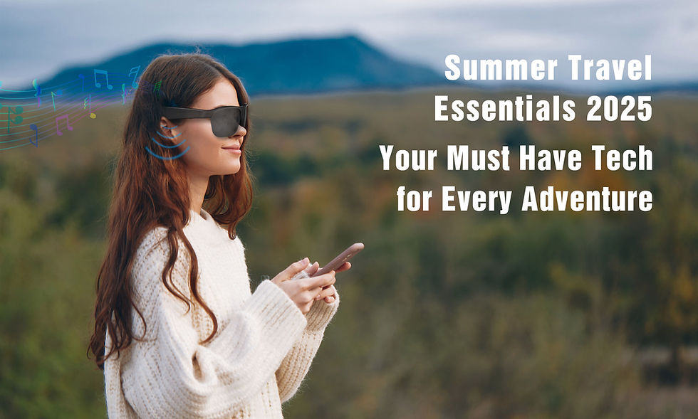 Woman in a sweater using a smartphone and wearing smart glasses with music icons. Text: Summer Travel Essentials 2025. Scenic background.